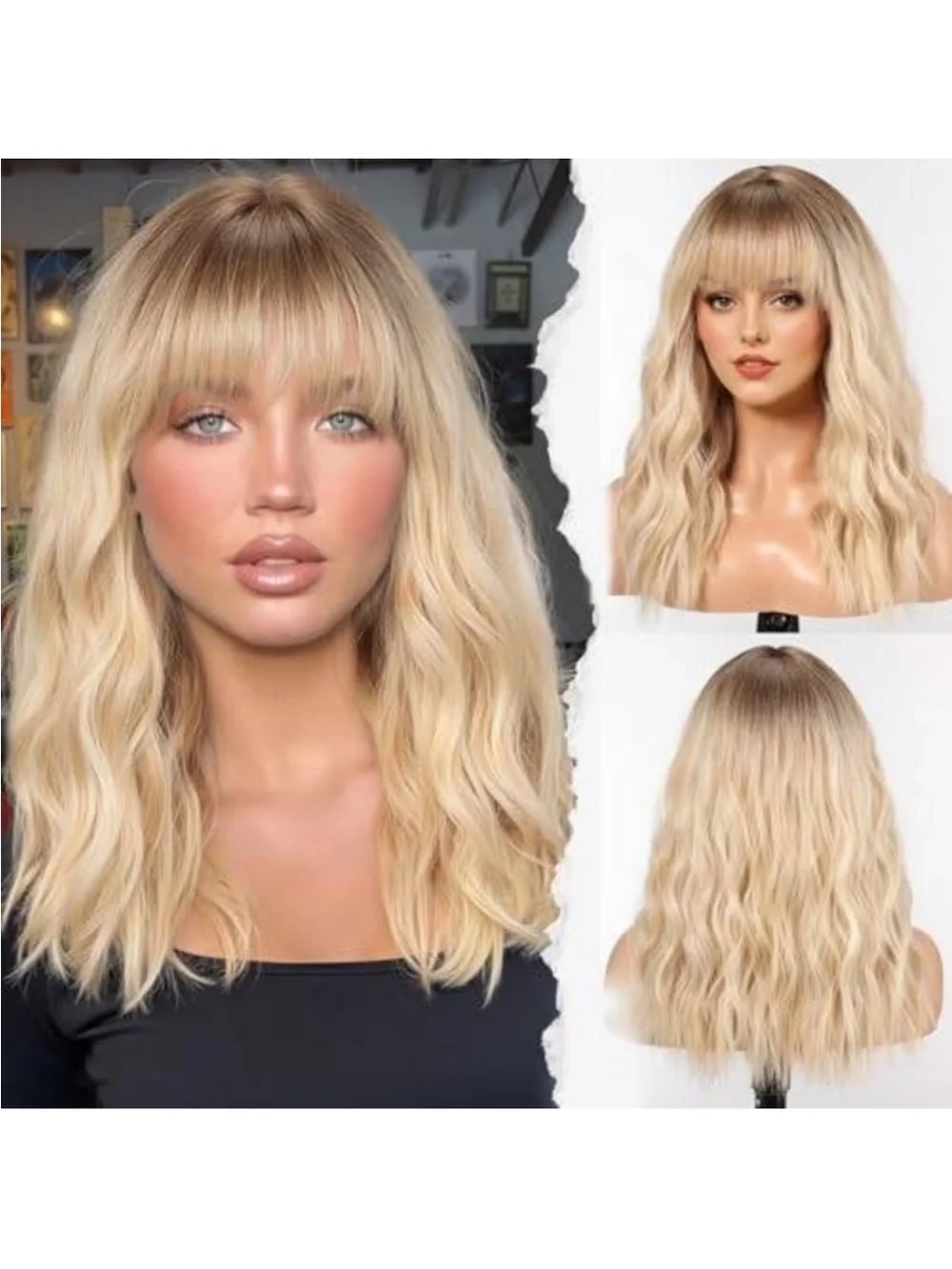 Ombre Blonde Wavy Wig with Bangs‎ Medium Length Synthetic Beach Wave Hairpiece